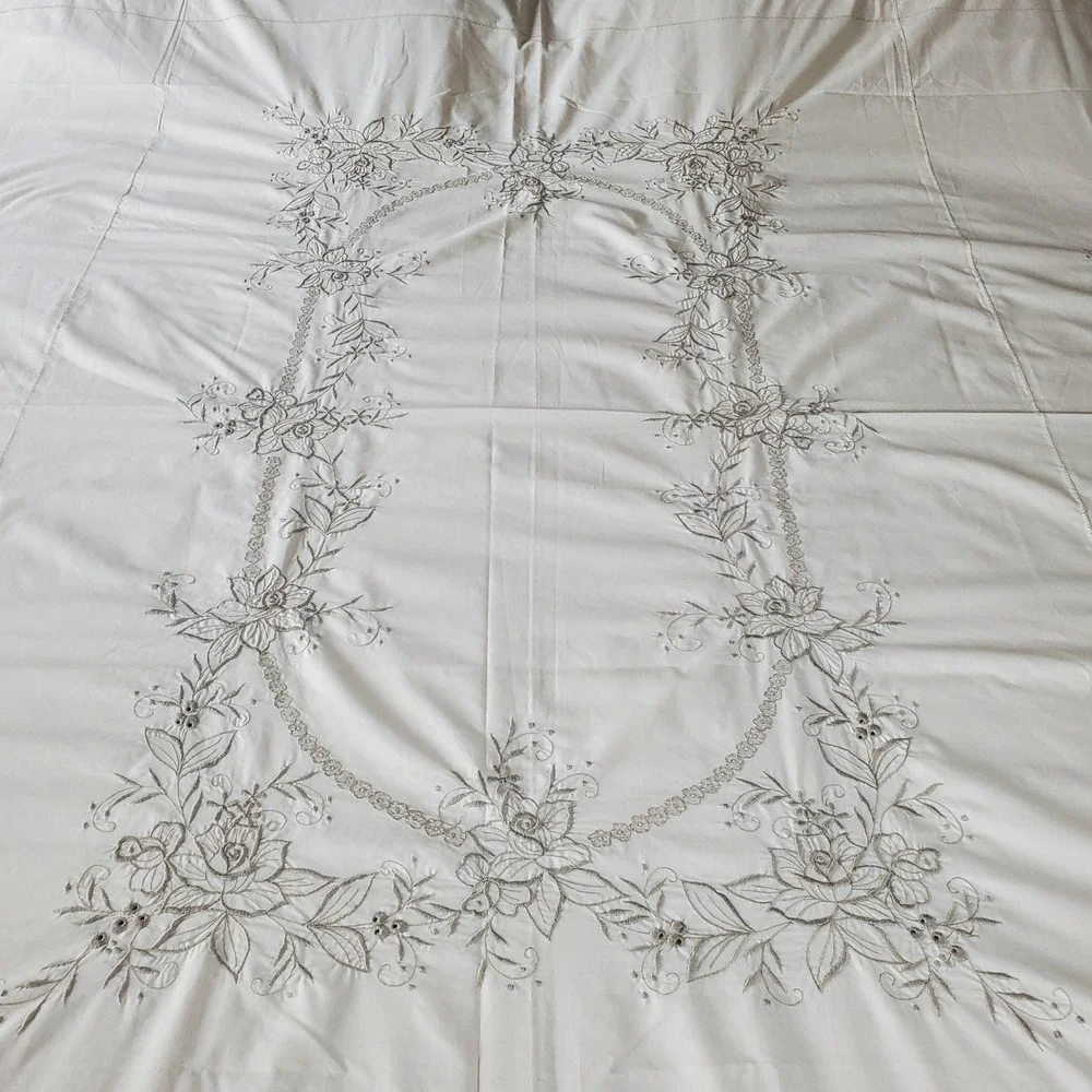 Embroided White Scalloped Edge Cotton Tablecloth Vtg‎ Masjien Embroid 80x84 Vtg